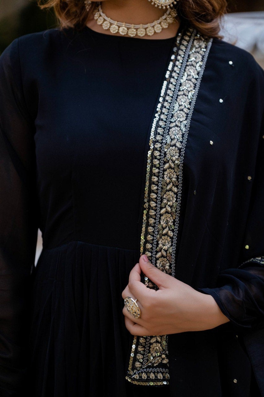 ✨ Graceful Georgette Ensemble with Sequins & Zari Embroidery